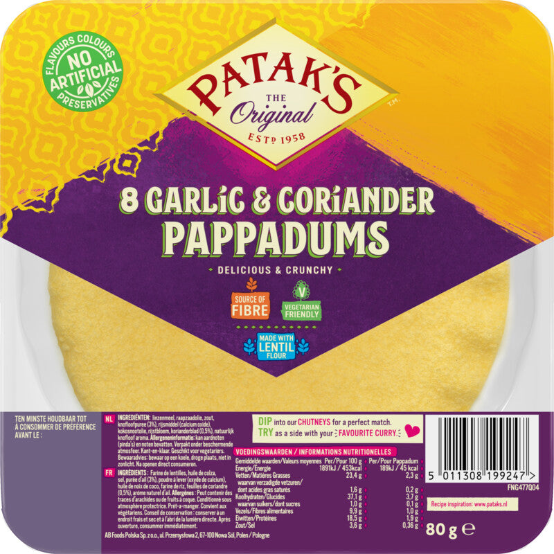 Patak's Pappadums Garlic Coriander Ready-to-use - Worldwide Delivery - Order Online