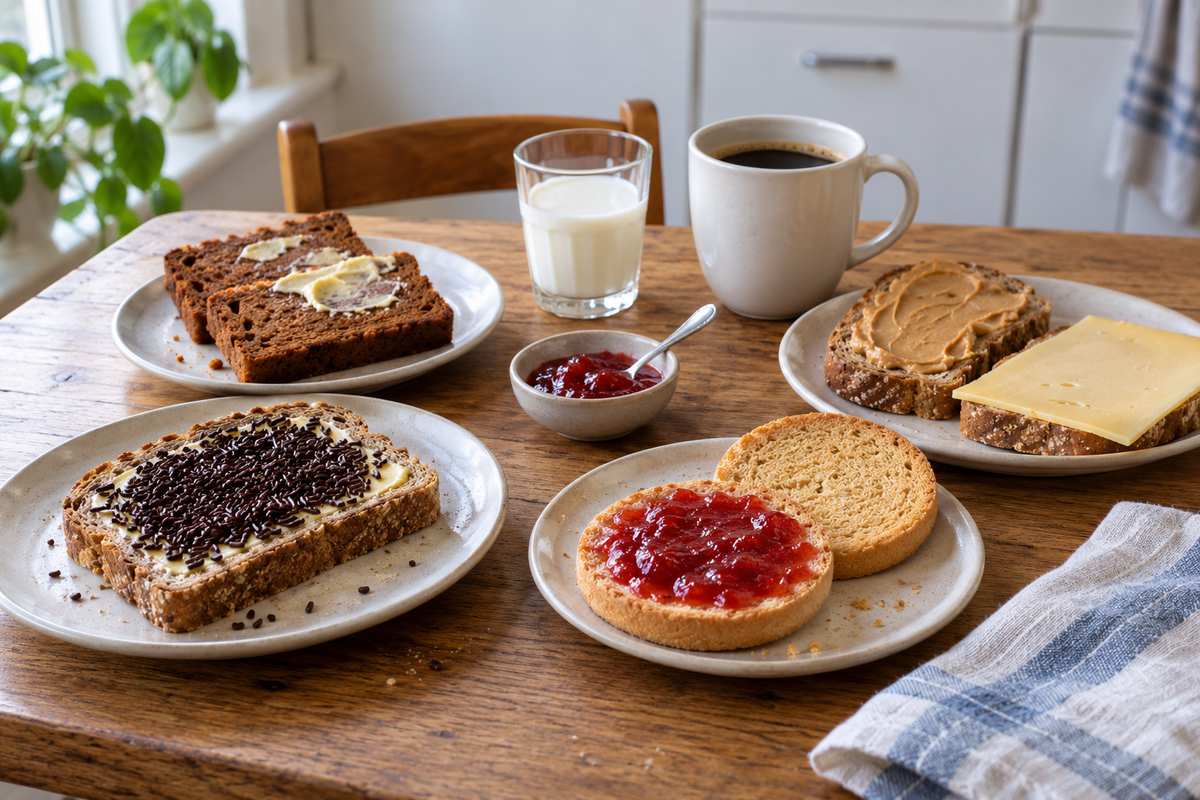 Dutch breakfast table with beschuit, hagelslag, ontbijtkoek, spreads and coffee