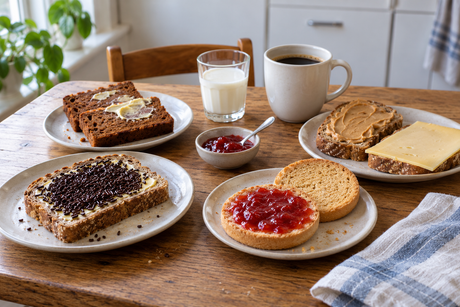 Dutch breakfast table with beschuit, hagelslag, ontbijtkoek, spreads and coffee