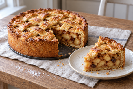 Homemade Dutch appeltaart with a golden lattice crust and cinnamon apple filling