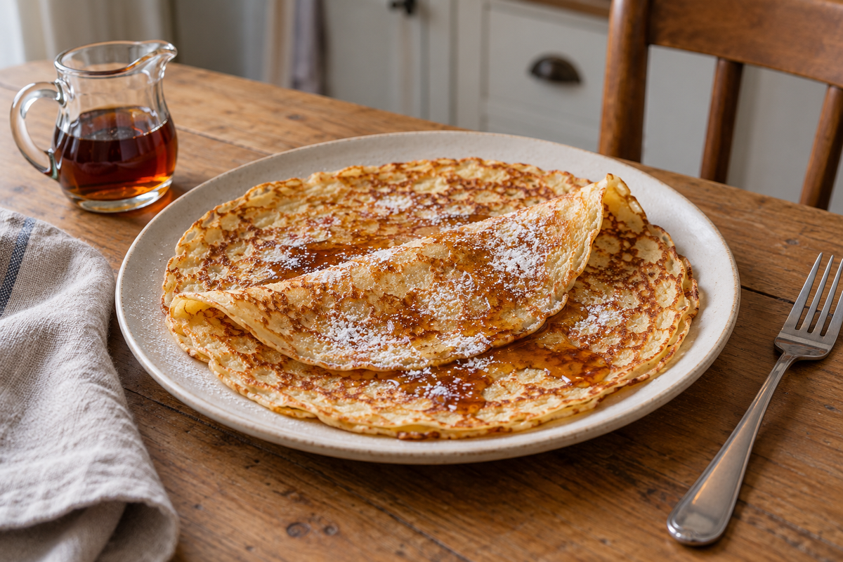 Traditional Dutch pannenkoeken served with pouring syrup and icing sugar