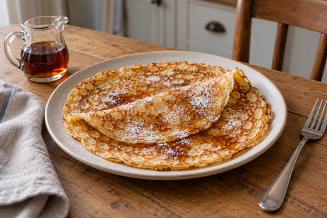 Traditional Dutch pannenkoeken served with pouring syrup and icing sugar