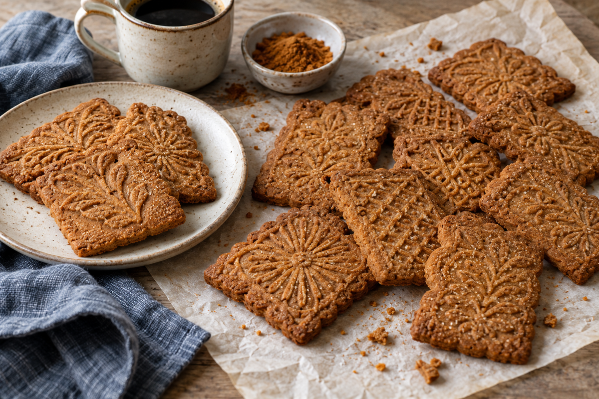 Homemade Dutch speculaas cookies with warm spices beside a cup of coffee