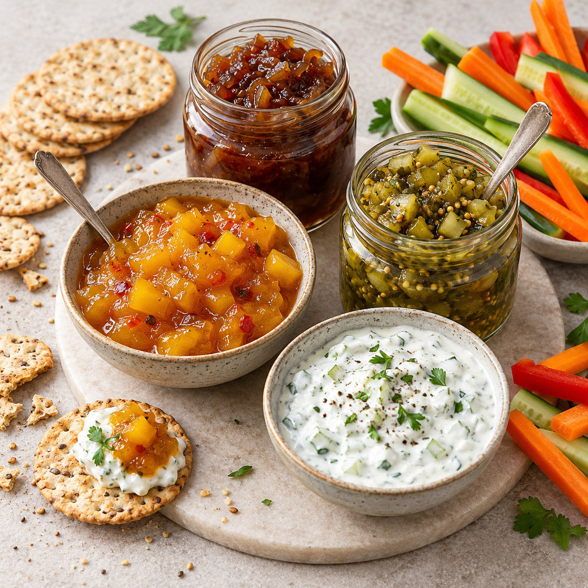 Selection of dips, chutneys & relishes from Pantry's Dutch and European range