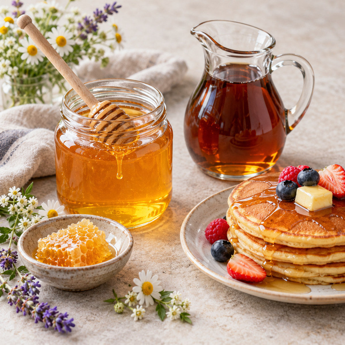 Selection of honey & syrup from Pantry's Dutch and European range