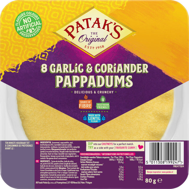 Patak's Pappadums Garlic Coriander Ready-to-use - Worldwide Delivery - Order Online