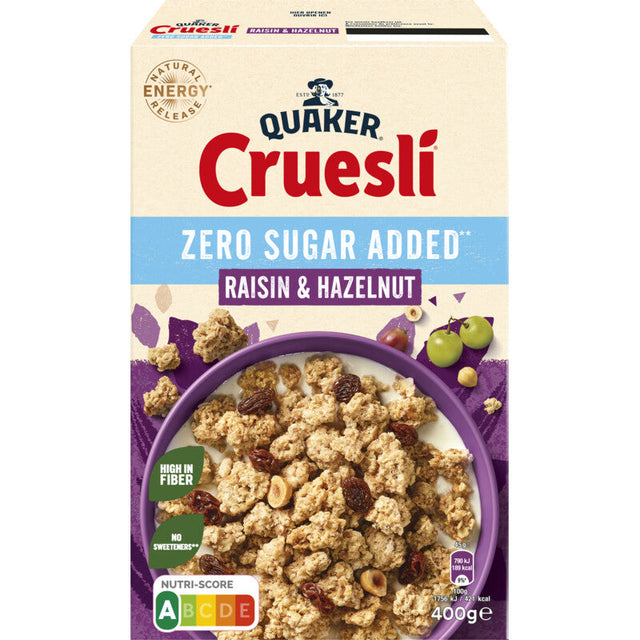 Quaker Raisin hazelnut zero sugar added Breakfast cereal 400g